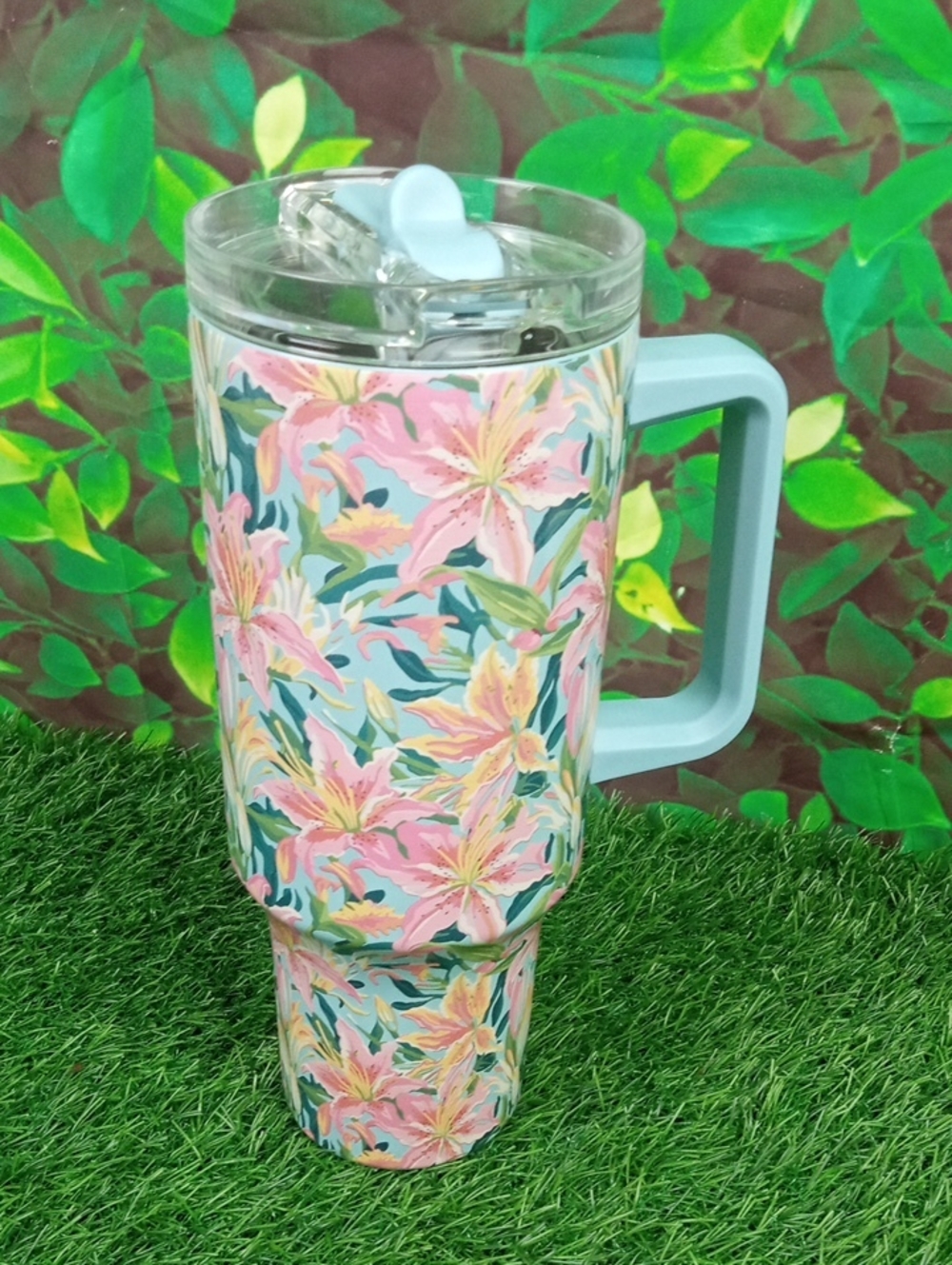 ⛱️🍒 Floral Insulated Travel Mug with Handle - Pink & Light Blue